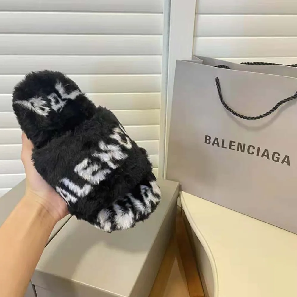 Balenciaga Furry Slide Sandal Allover Logo in Black and White Fake Fur for Women Balenciaga Furry Slide Sandal Allover Logo in Black and White Fake Fur for Women
