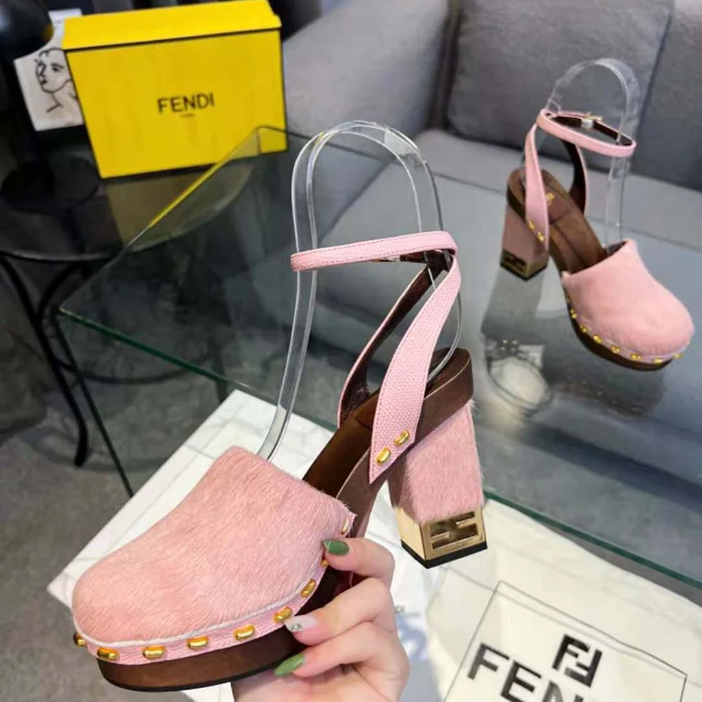 Fendi Baguette Show Pink Pony Hair High for Women in Heeled Clogs Fendi Baguette Show Pink Pony Hair High for Women in Heeled Clogs