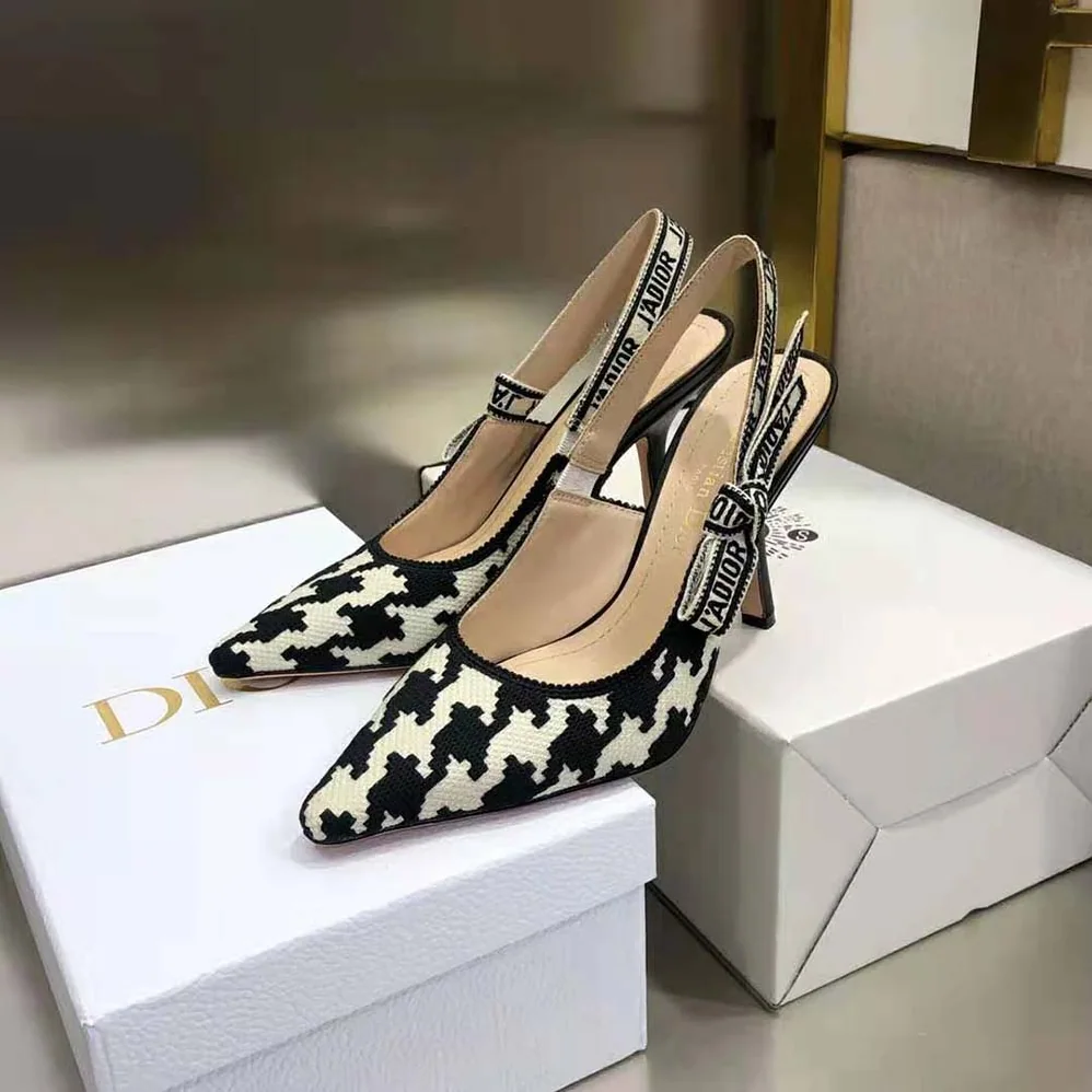 Dior J'Adior Slingback Pump Black and White Cotton Embroidery with Macro Houndstooth Motif for Women Dior J'Adior Slingback Pump Black and White Cotton Embroidery with Macro Houndstooth Motif for Women