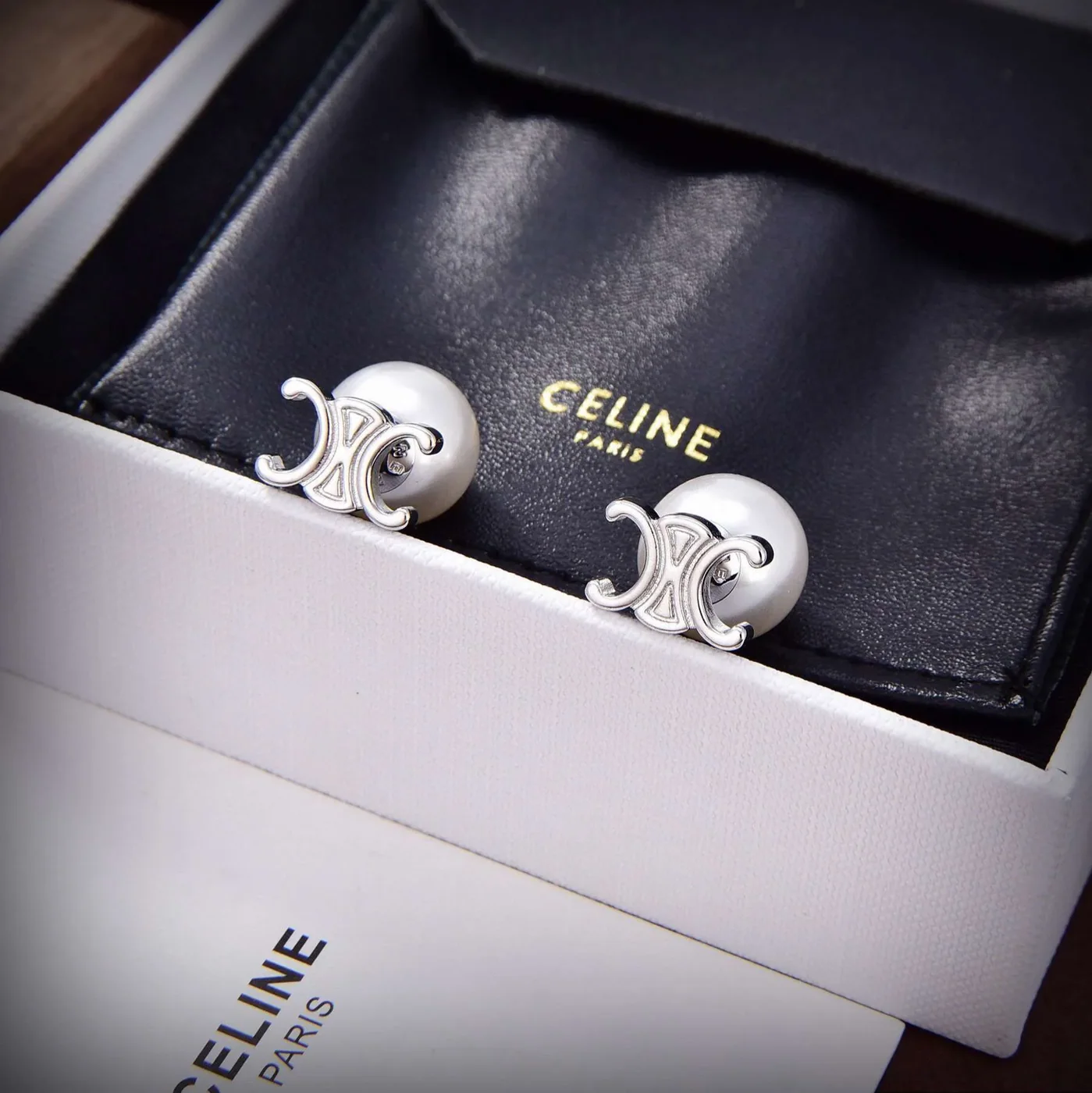 Celine Triomphe Pearl Earrings Silver
