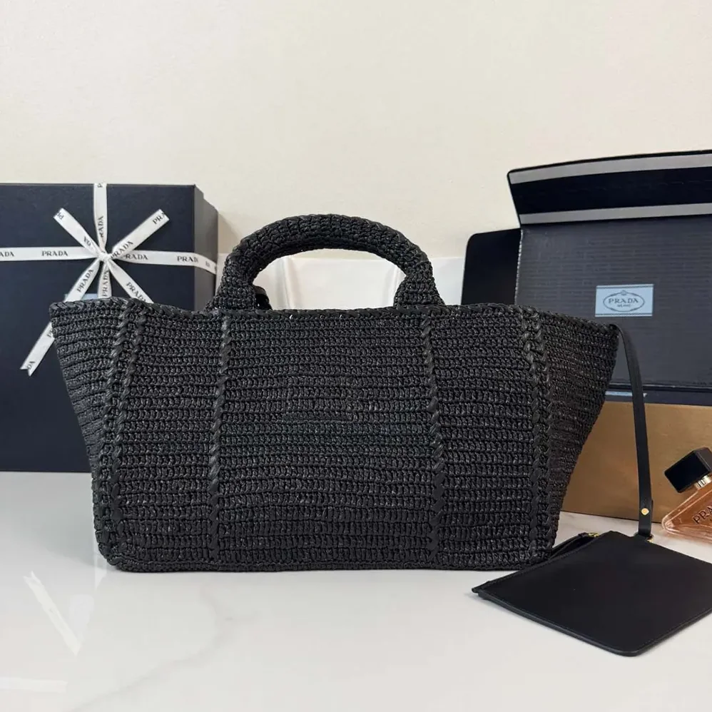 Prada Large Crochet Tote Bag with Leather Details for Women in Black