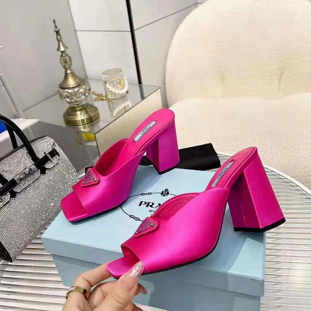 Prada High-Heeled Satin Slides for Women in Rose