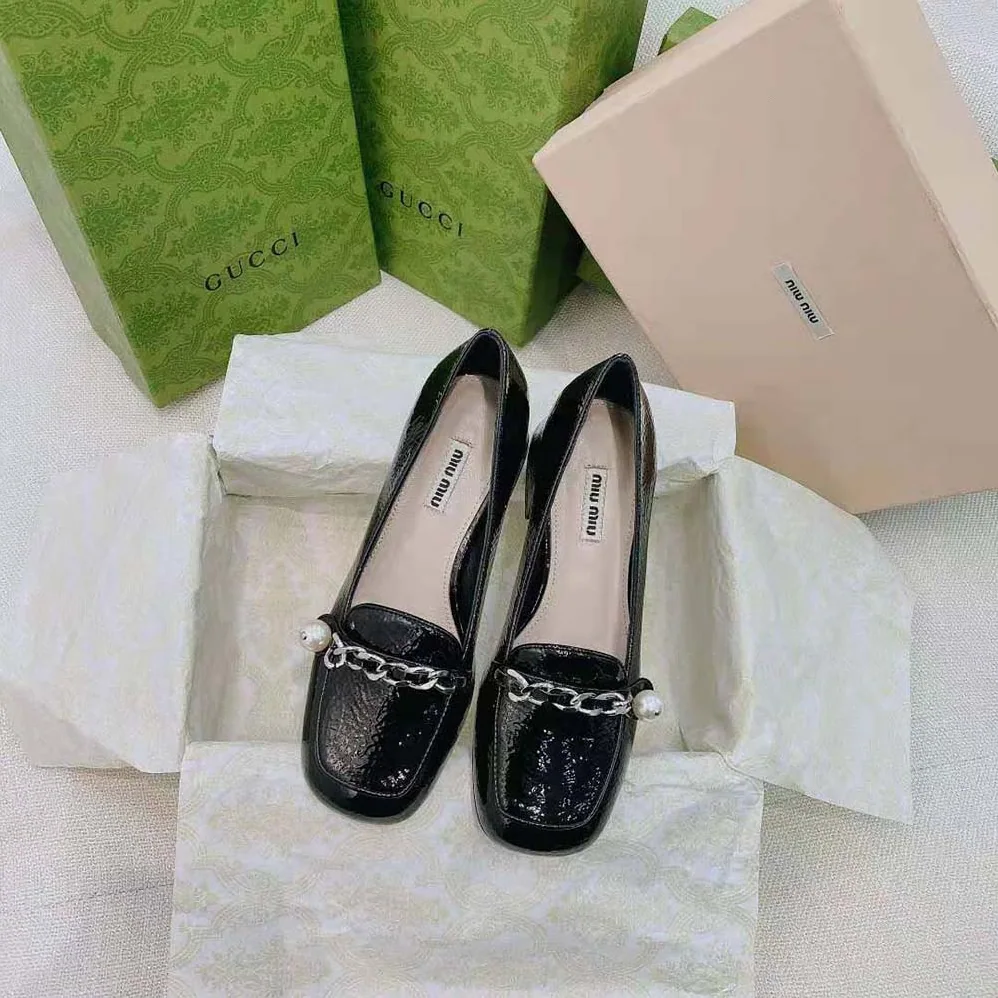 Miu Miu Patent Leather Loafers in 35mm Heel for Women in Black Miu Miu Patent Leather Loafers in 35mm Heel for Women in Black