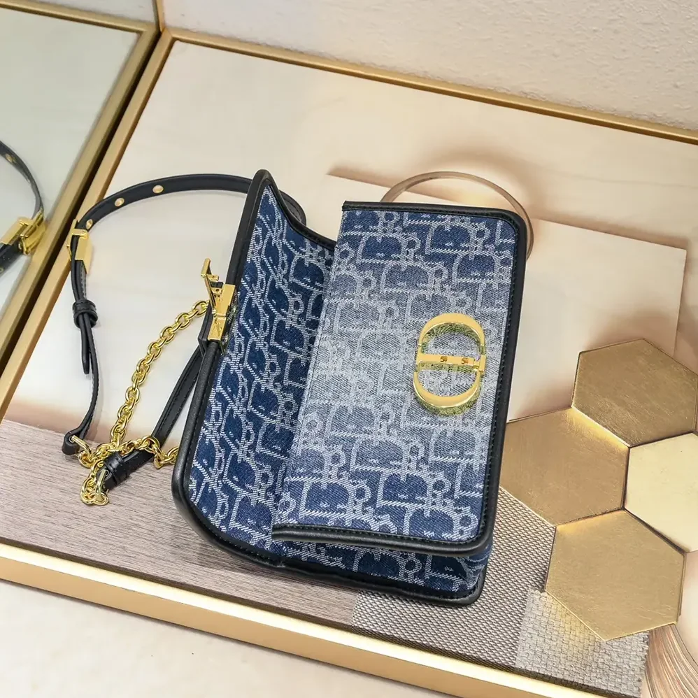 Dior 30 Montaigne East-West Bag with Chain Blue Denim Dior Oblique Jacquard for Women