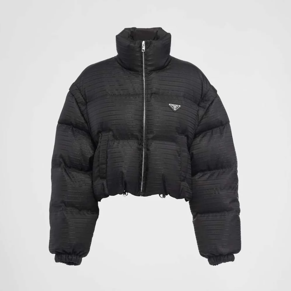 Prada Re-Nylon Cropped Hooded Down Jacket for Women in Black Prada Re-Nylon Cropped Hooded Down Jacket for Women in Black
