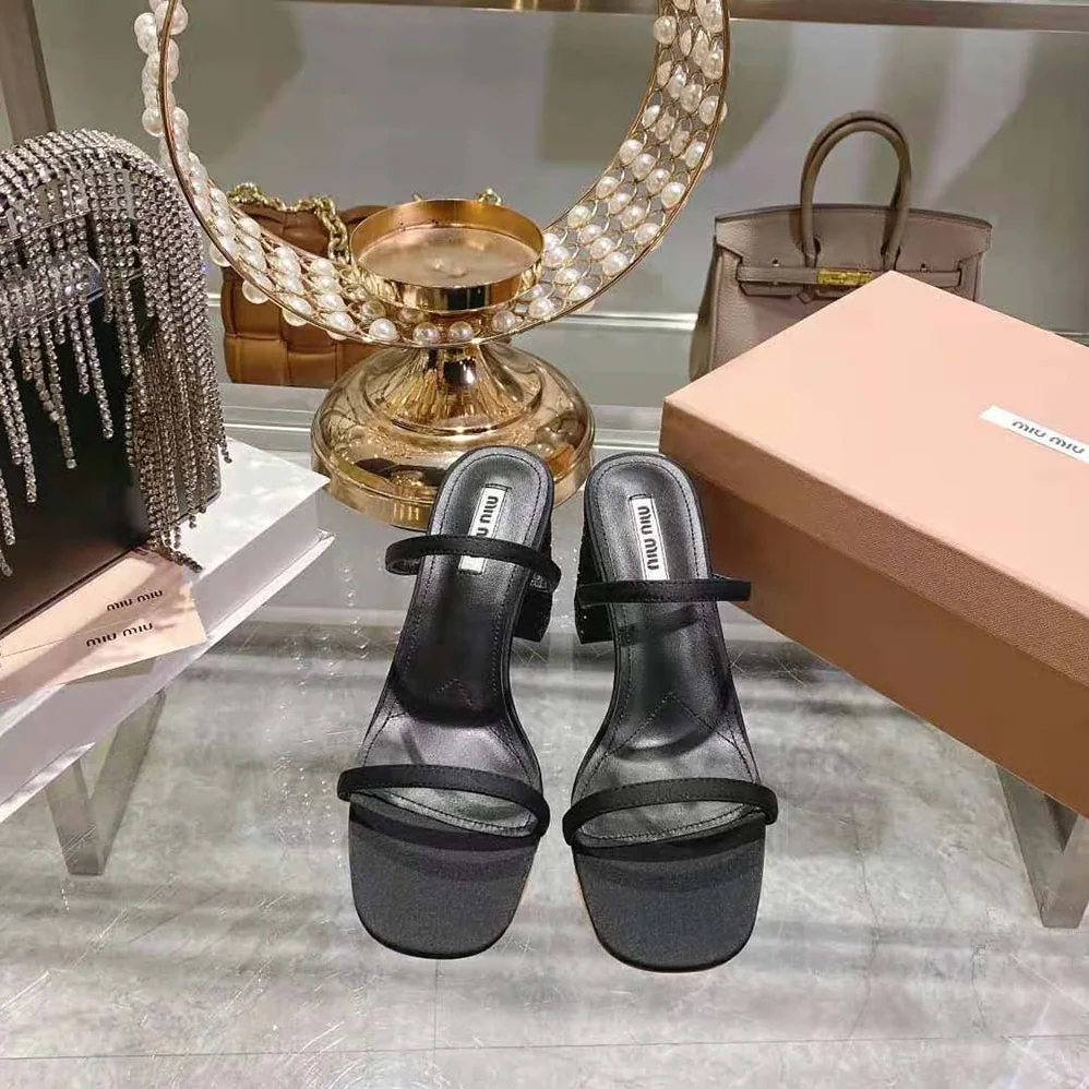 Miu Miu Satin and Glitter Slides in 85 mm Heel Height for Women in Black Miu Miu Satin and Glitter Slides in 85 mm Heel Height for Women in Black