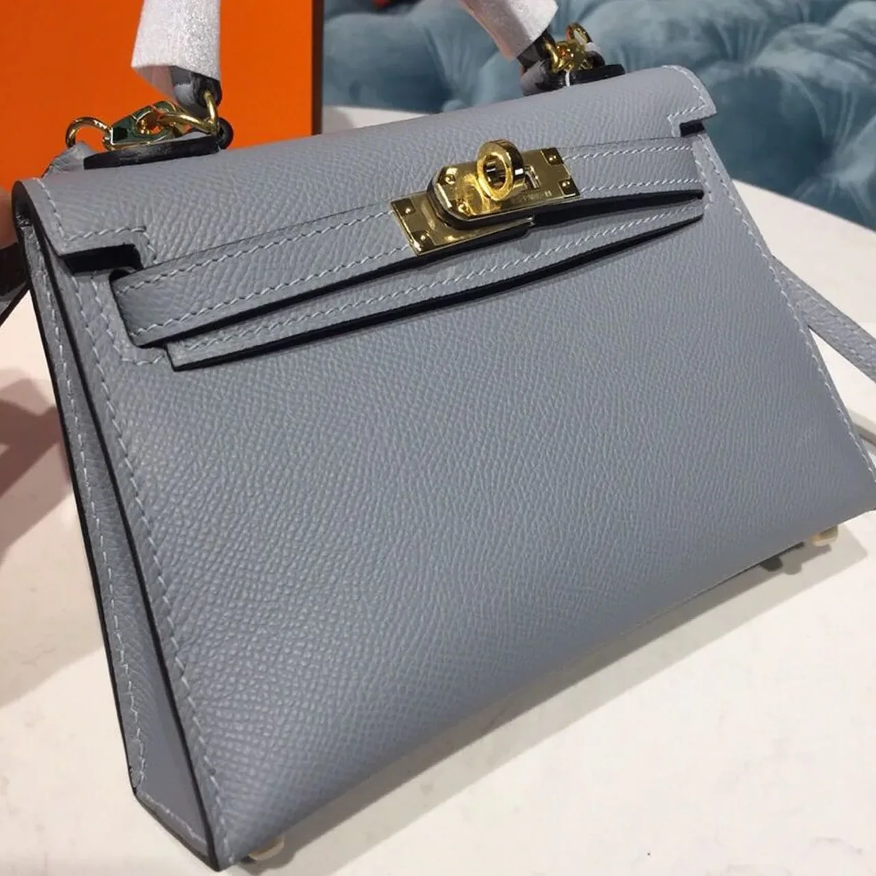 Hermes Kelly Mini Top Handle Bag in Bleu Glacier Gold Hardware