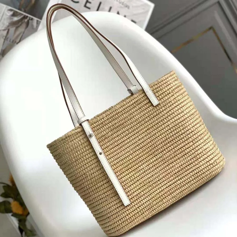 Loewe Small Square Basket Bag in Raffia and Calfskin for Women in White