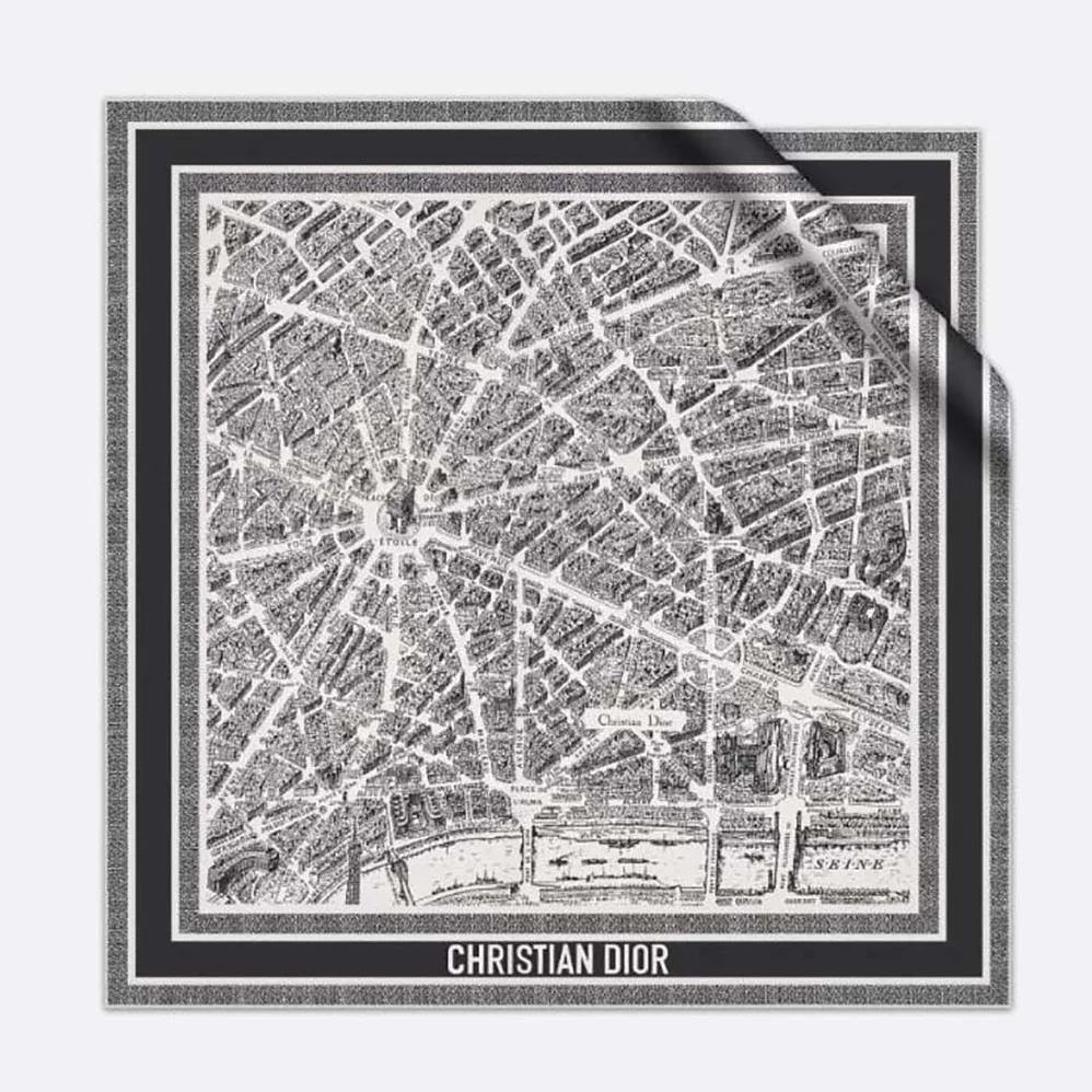 Dior Plan De Paris 90 Square Scarf White and Black Silk Twill for Women