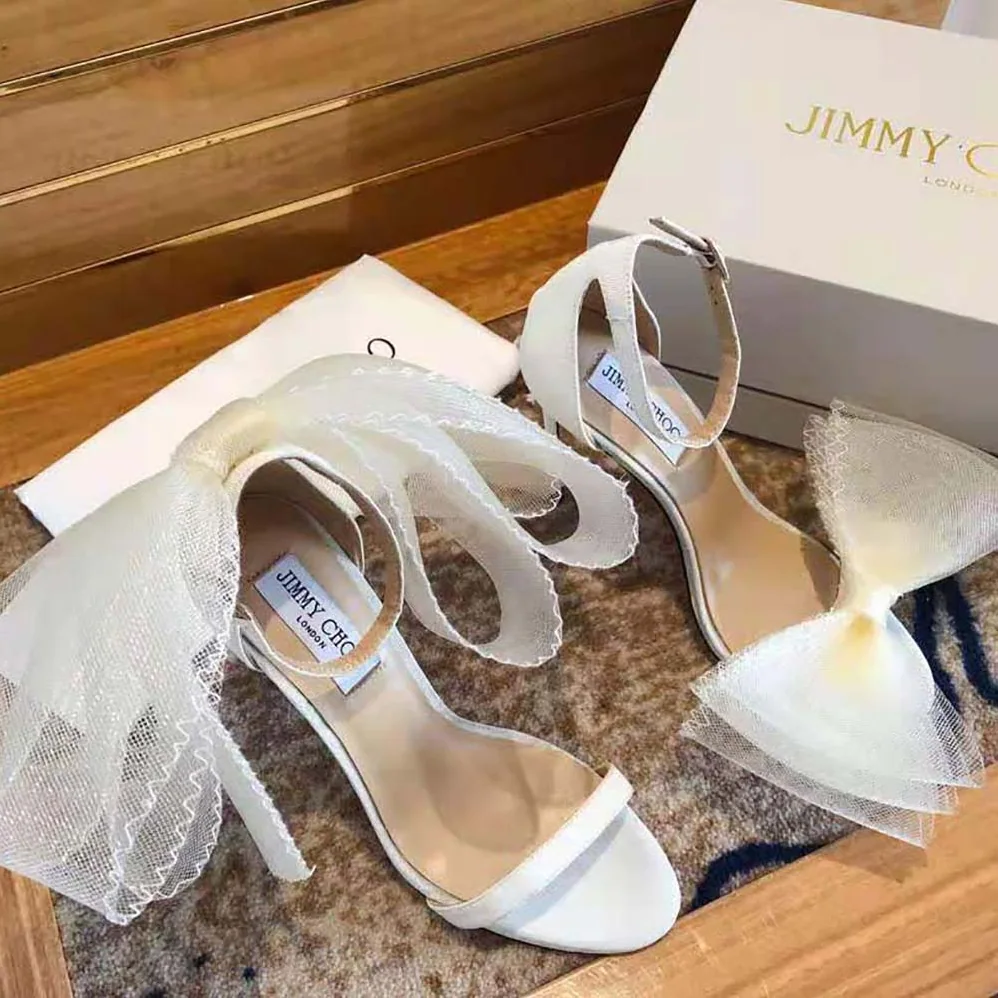 Jimmy Choo Aveline 100 White Sandals with Asymmetric Grosgrain Mesh Fascinator Bows for Women