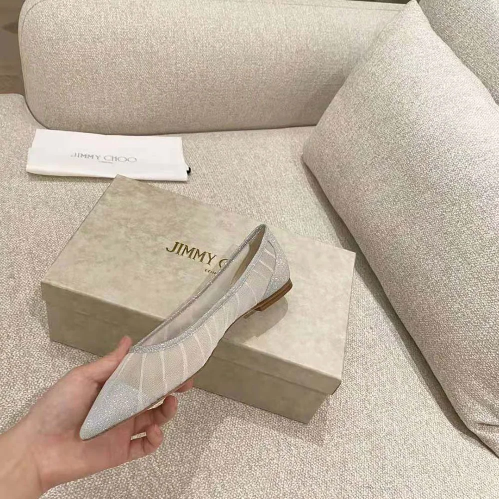 Jimmy Choo Love Flat Metallic Silver Glitter Fabric Flats with Ivory Tulle Overlay for Women Jimmy Choo Love Flat Metallic Silver Glitter Fabric Flats with Ivory Tulle Overlay for Women