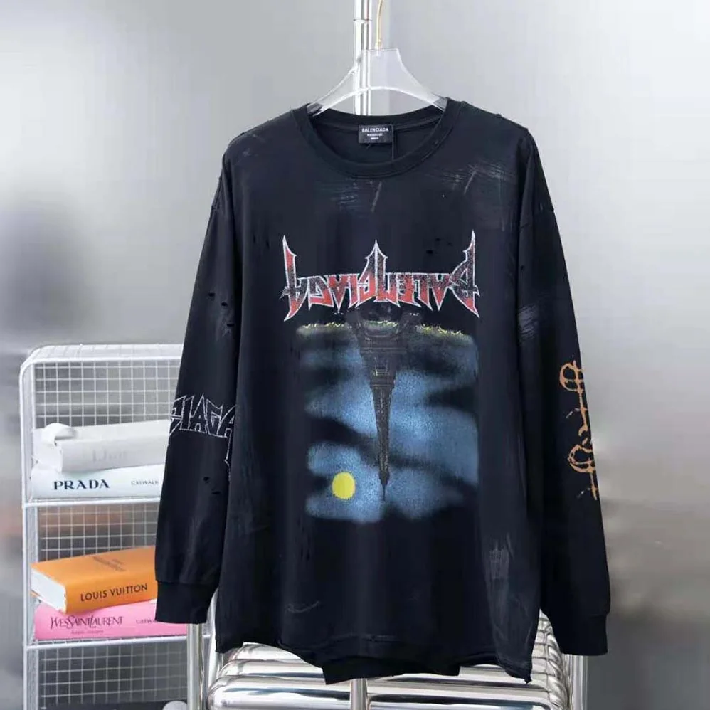 Balenciaga Paris Moon Upside Down Long Sleeve T-Shirt Oversized in Black Faded for Men Balenciaga Paris Moon Upside Down Long Sleeve T-Shirt Oversized in Black Faded for Men
