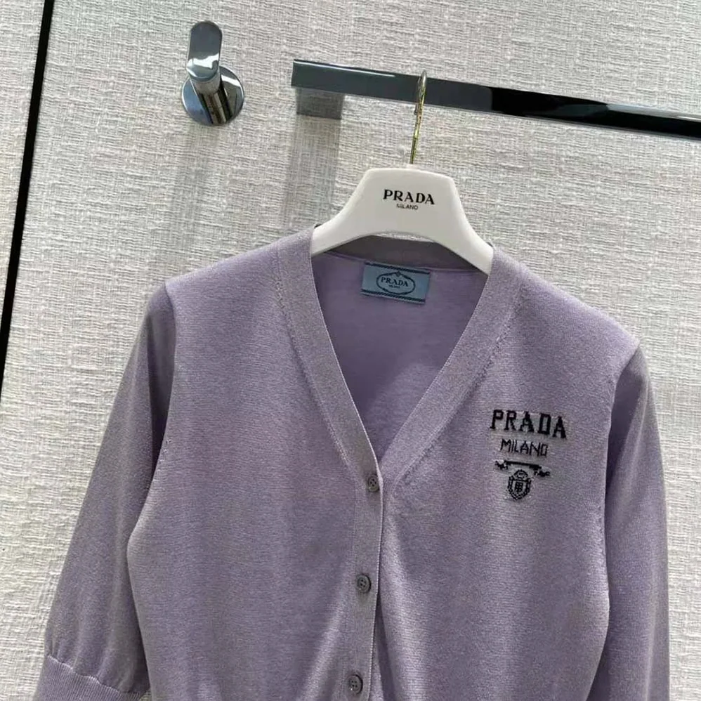 Prada Cropped Lurex Cardigan with Intarsia Logo for Women in Purple