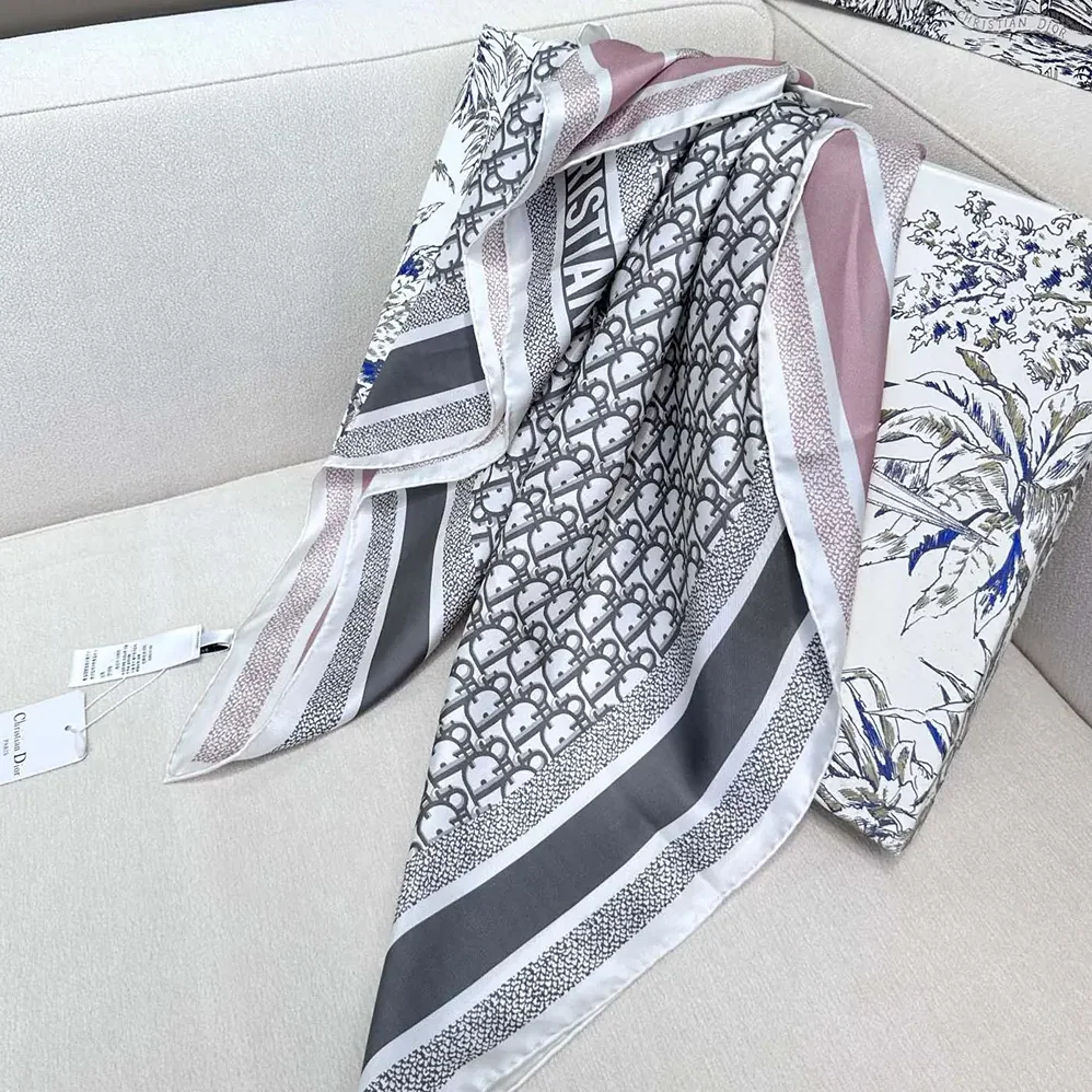Dior Oblique Diortwin 90 Square Scarf Rose Des Vents and Gray Silk Twill for Unisex Dior Oblique Diortwin 90 Square Scarf Rose Des Vents and Gray Silk Twill for Unisex