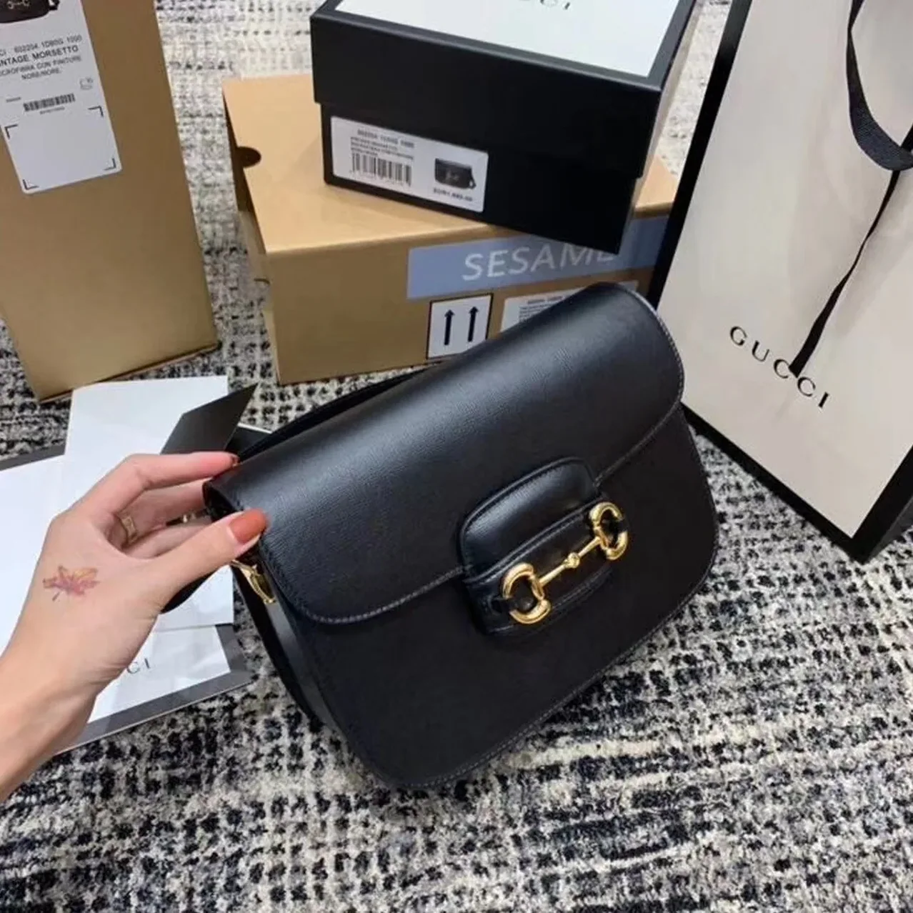 Gucci Horsebit 1955 Shoulder Bag Black Textured With A Vintage Effect / GG