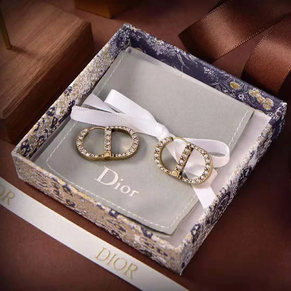 Dior 30 Montaigne Earrings Antique Gold-Finish Metal and White Crystals for Women