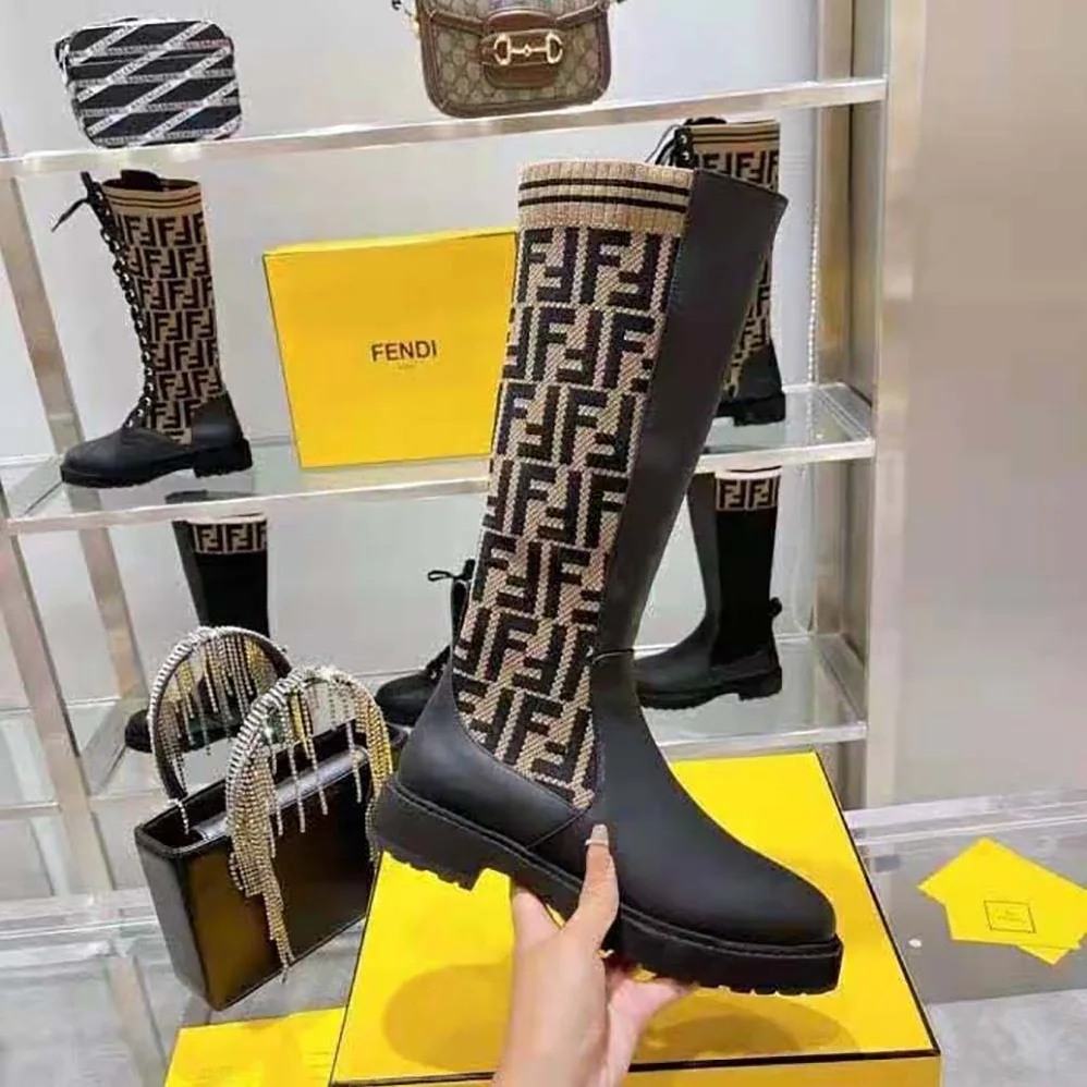 Fendi Rockoko Black Leather Ankle Boots with Stretch Fabric for Women