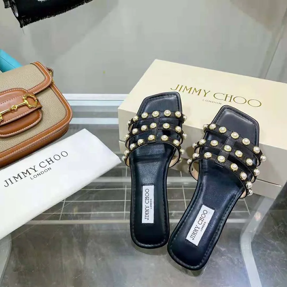 Jimmy Choo Hazal Flat Black Nappa Caged Flats with Pearl Studs for Women