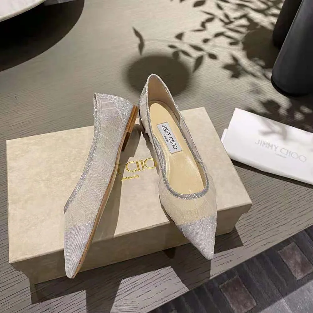 Jimmy Choo Love Flat Metallic Silver Glitter Fabric Flats with Ivory Tulle Overlay for Women Jimmy Choo Love Flat Metallic Silver Glitter Fabric Flats with Ivory Tulle Overlay for Women