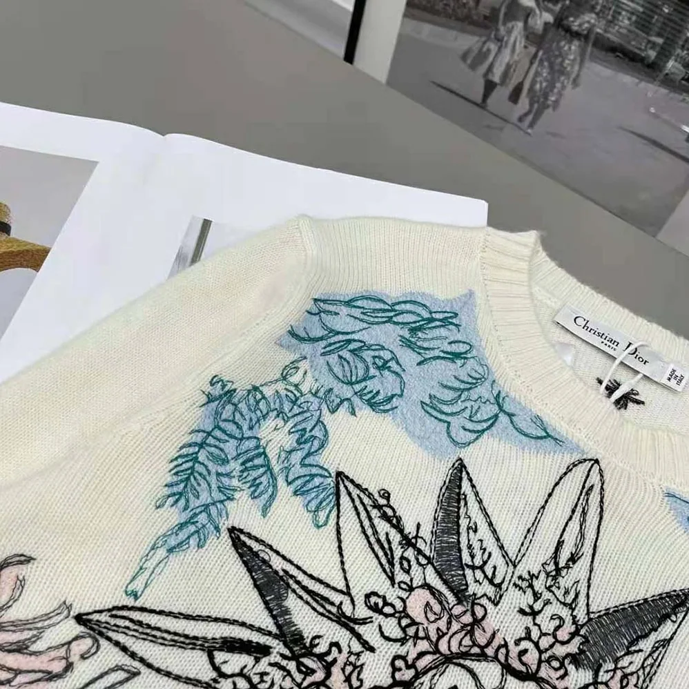 Dior Sweater Ecru Cashmere Knit with Multicolor Rêve D'Infini Motif for Women