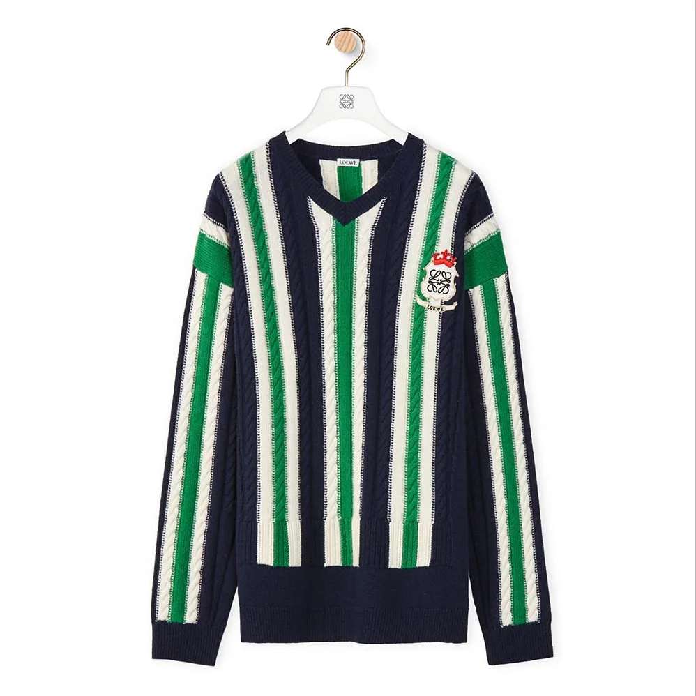 Loewe Stripe V-neck Sweater in Wool for Women in Green