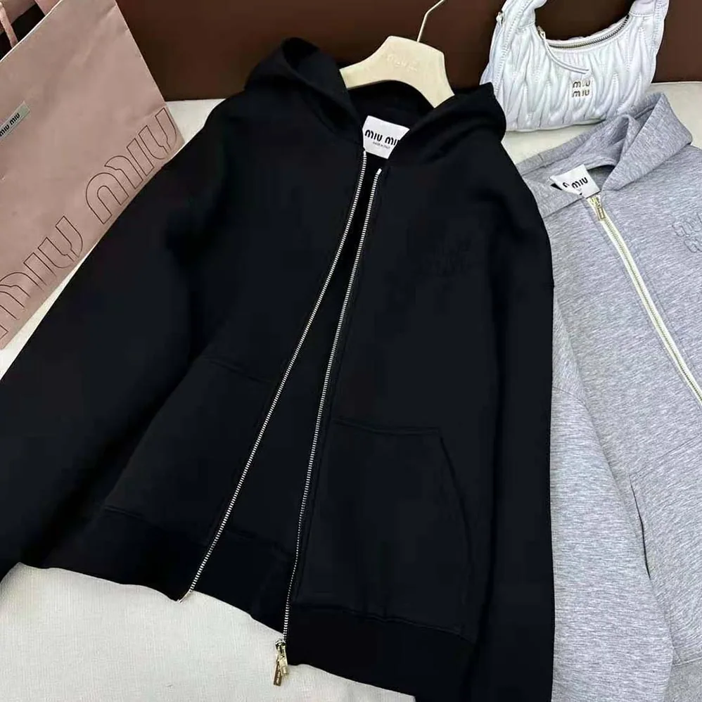 Miu Miu Cotton Hoodie with Embroidered Logo for Women in Black