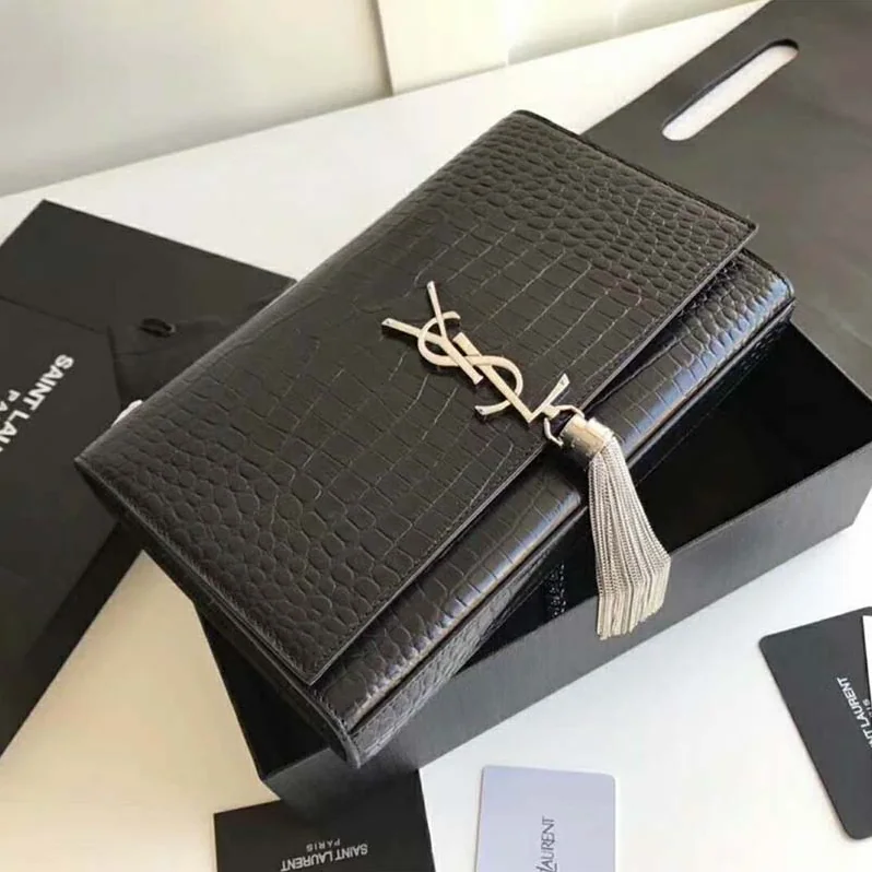 Saint Laurent YSL Kate Small Tassel Embossed Crocodile Shiny for Women in Silver Saint Laurent YSL Kate Small Tassel Embossed Crocodile Shiny for Women in Silver