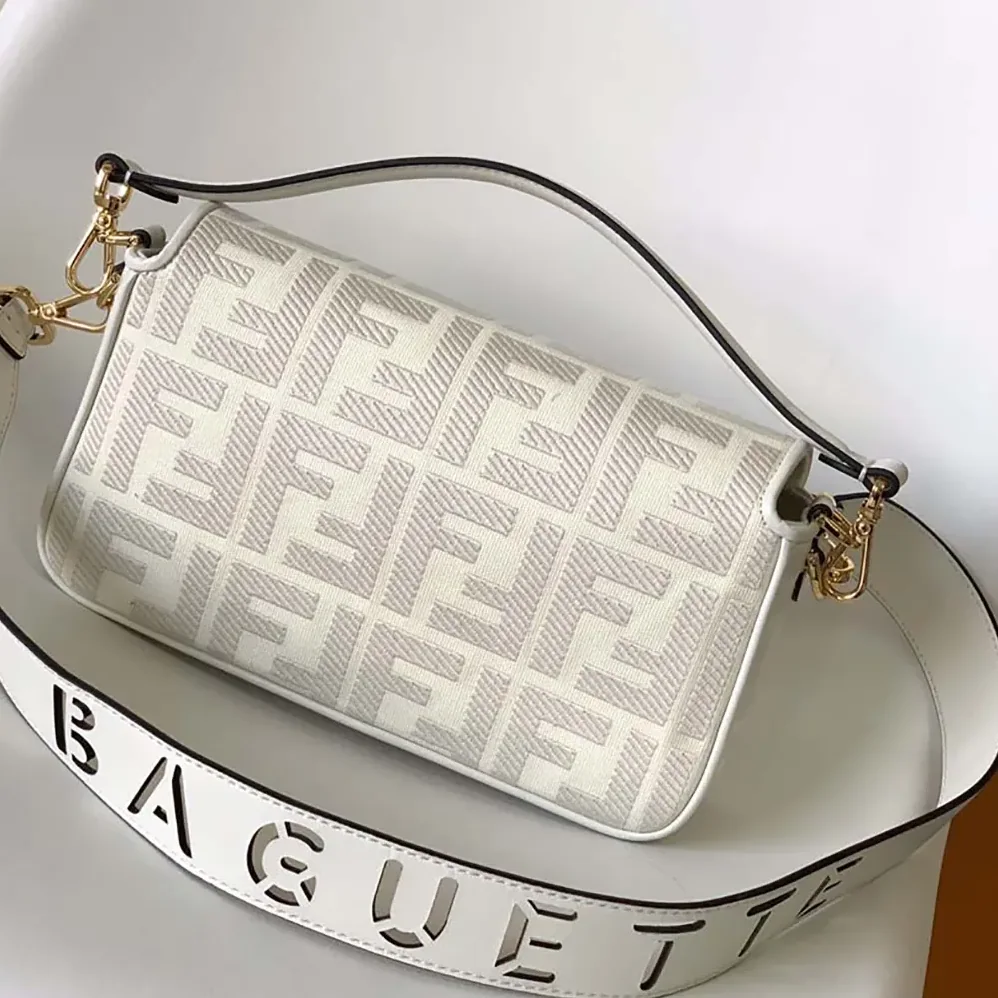 Fendi Baguette White Denim Bag with FF Embroidery for Women