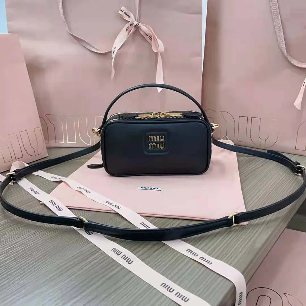 Miu Miu Arcadie Leather Bag with Metal Lettering Logo for Women in Black