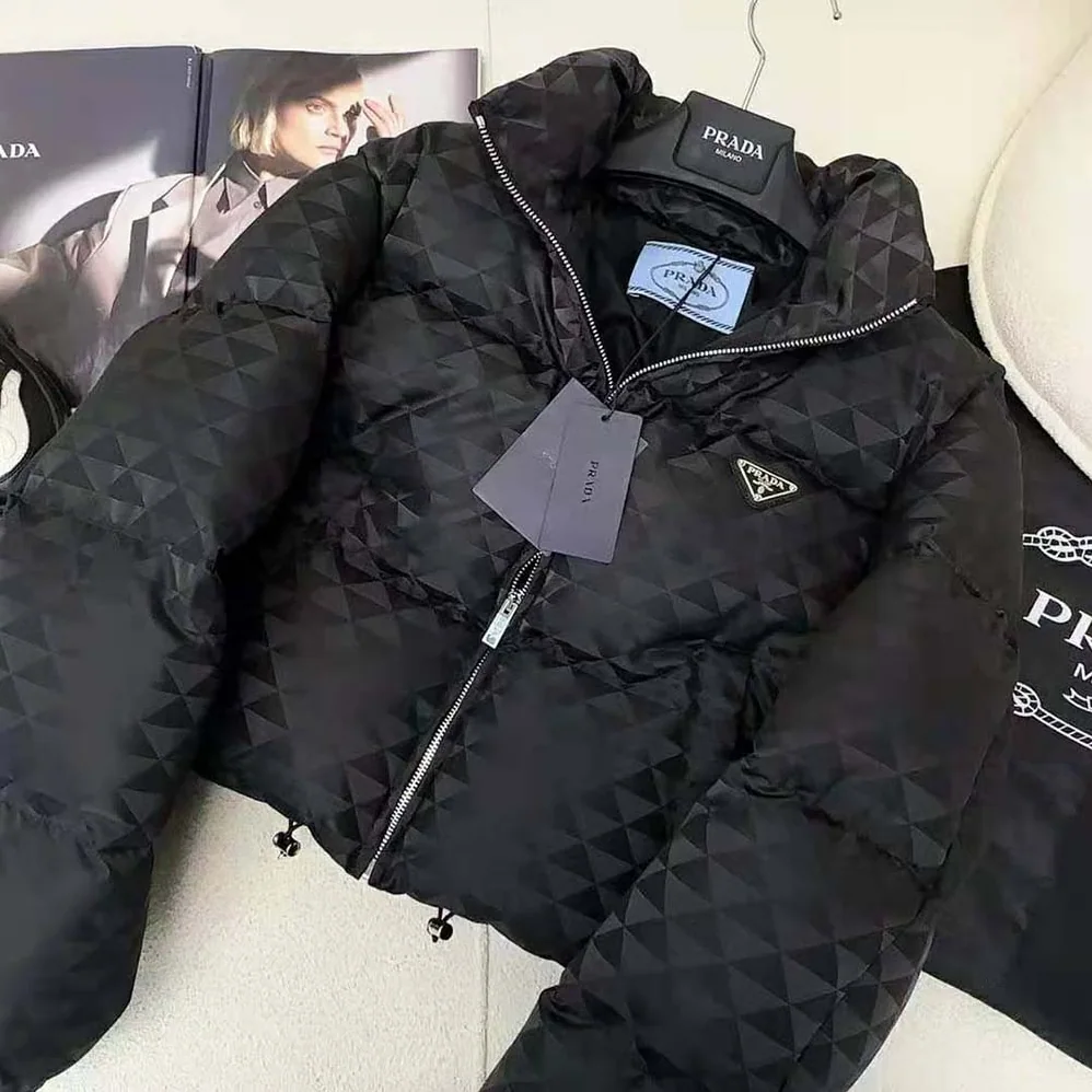 Prada Re-Nylon Cropped Hooded Down Jacket for Women in Black Prada Re-Nylon Cropped Hooded Down Jacket for Women in Black
