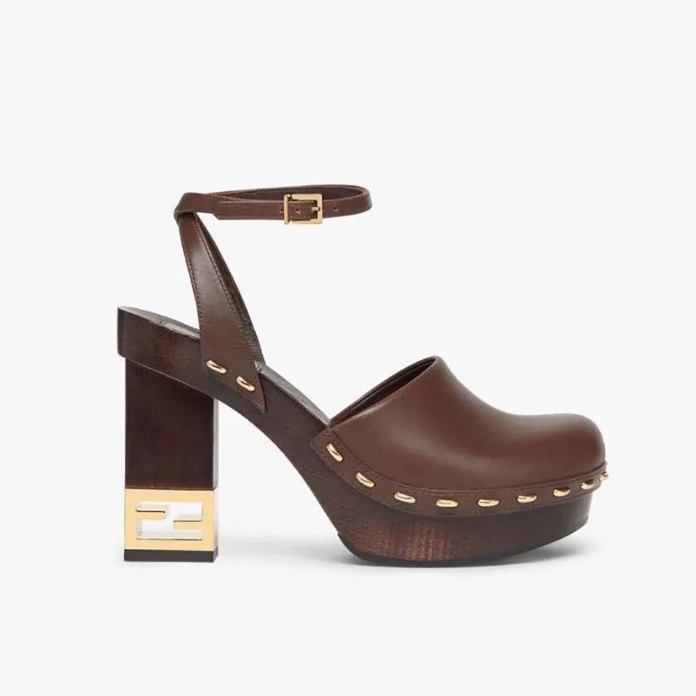 Fendi Baguette Show Brown Leather High for Women in Heeled Clogs Fendi Baguette Show Brown Leather High for Women in Heeled Clogs