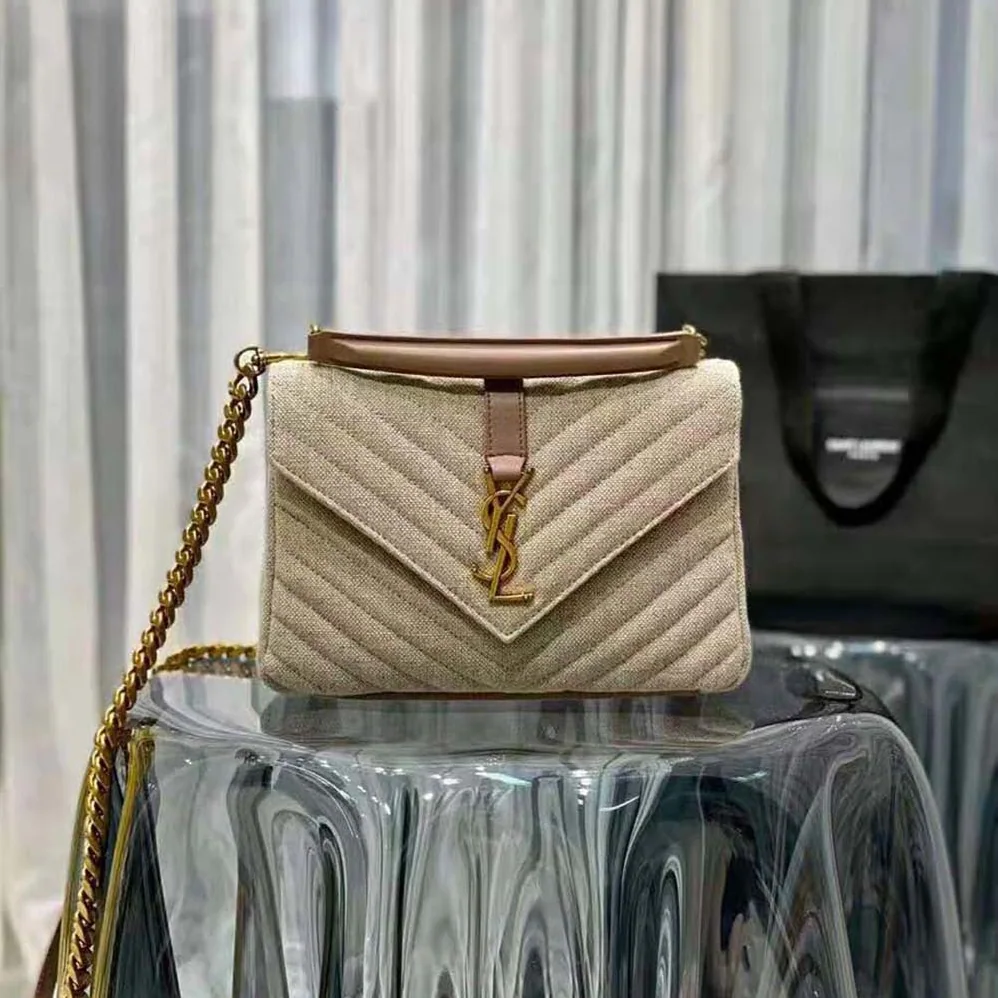 Saint Laurent YSL College Medium in Quilted Linen Canvas and Leather for Women