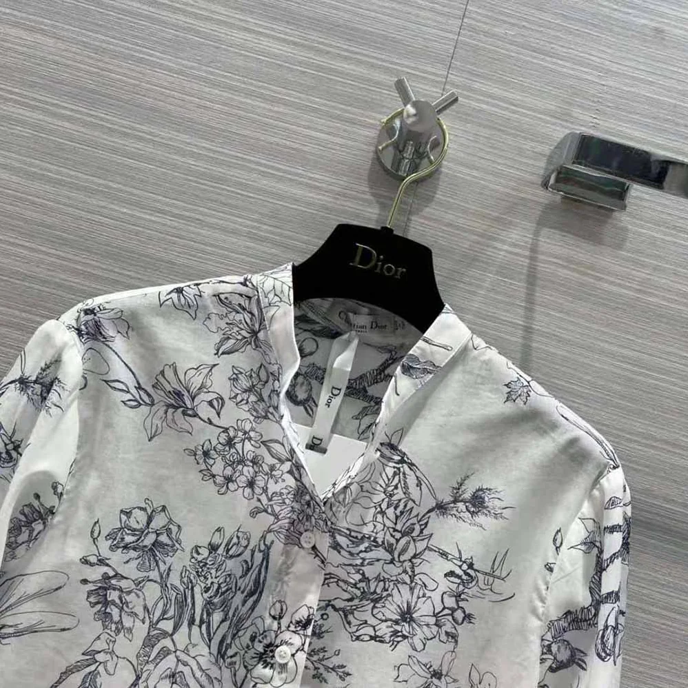 Dior Long Blouse Navy Blue Cotton Voile with Toile de Jouy Flowers Motif for Women