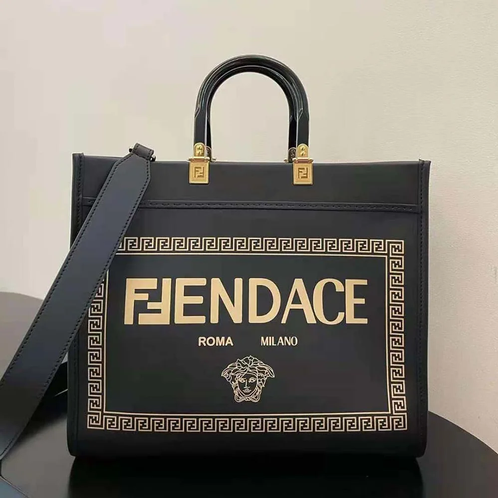 Fendi Sunshine Medium Fendace Printed Black Leather Logo Shopper for Women Fendi Sunshine Medium Fendace Printed Black Leather Logo Shopper for Women