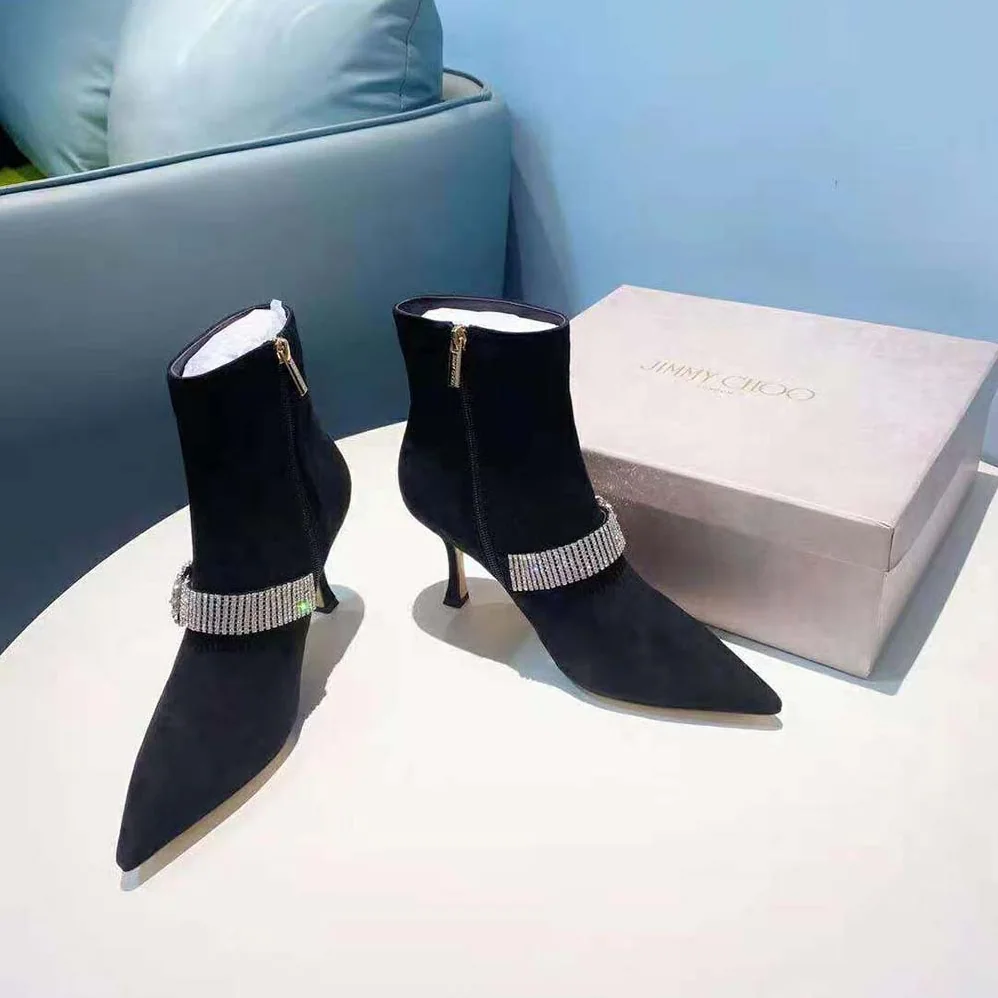 Jimmy Choo Kaza 90 Black Suede Shoe Booties with Crystal for Women in Embellished Strap