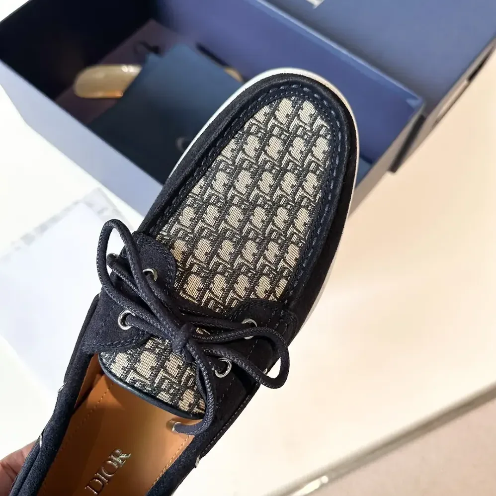 Dior Granville Boat Shoe Navy Blue Suede with Beige and Black Dior Oblique Jacquard for Men Dior Granville Boat Shoe Navy Blue Suede with Beige and Black Dior Oblique Jacquard for Men