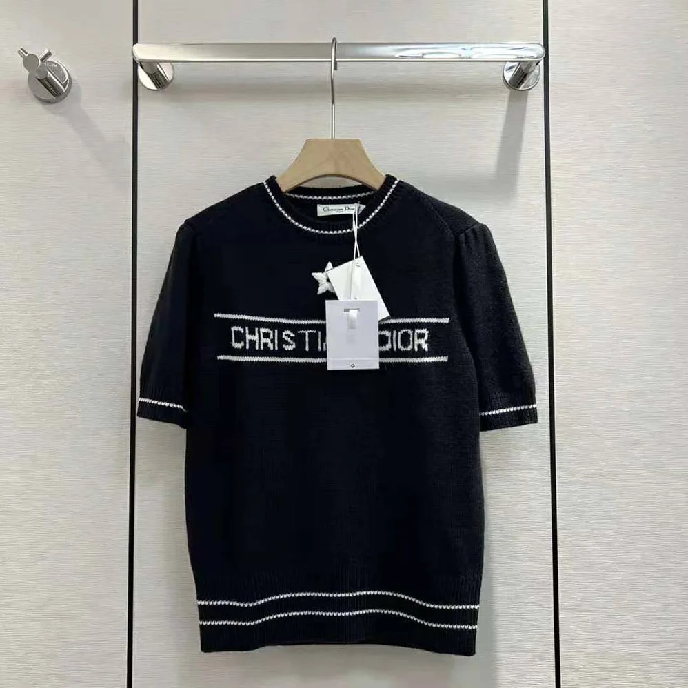 Dior Christian Dior Short-Sleeved Sweater Navy Blue Cashmere and Wool Knit for Women