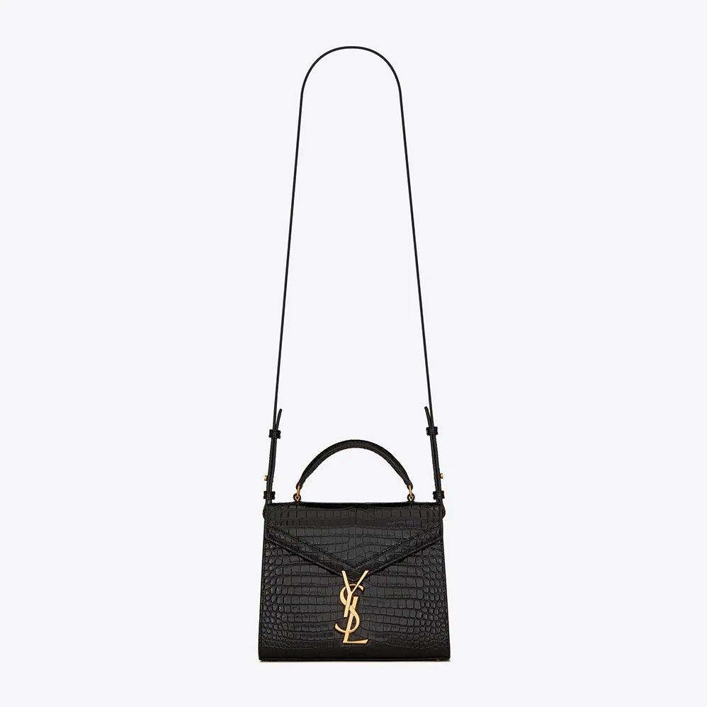 Saint Laurent YSL Cassandra Mini Top Handle Bag in Crocodile-Embossed Shiny Leather for Women in Black