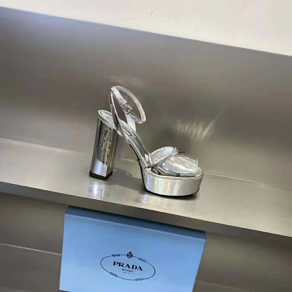 Prada Metallic Leather Platform Sandals for Women in Silver