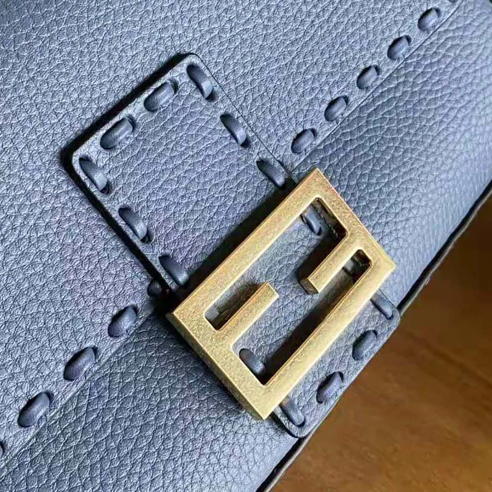 Fendi Baguette Blue Selleria Bag with Oversized Topstitching for Women