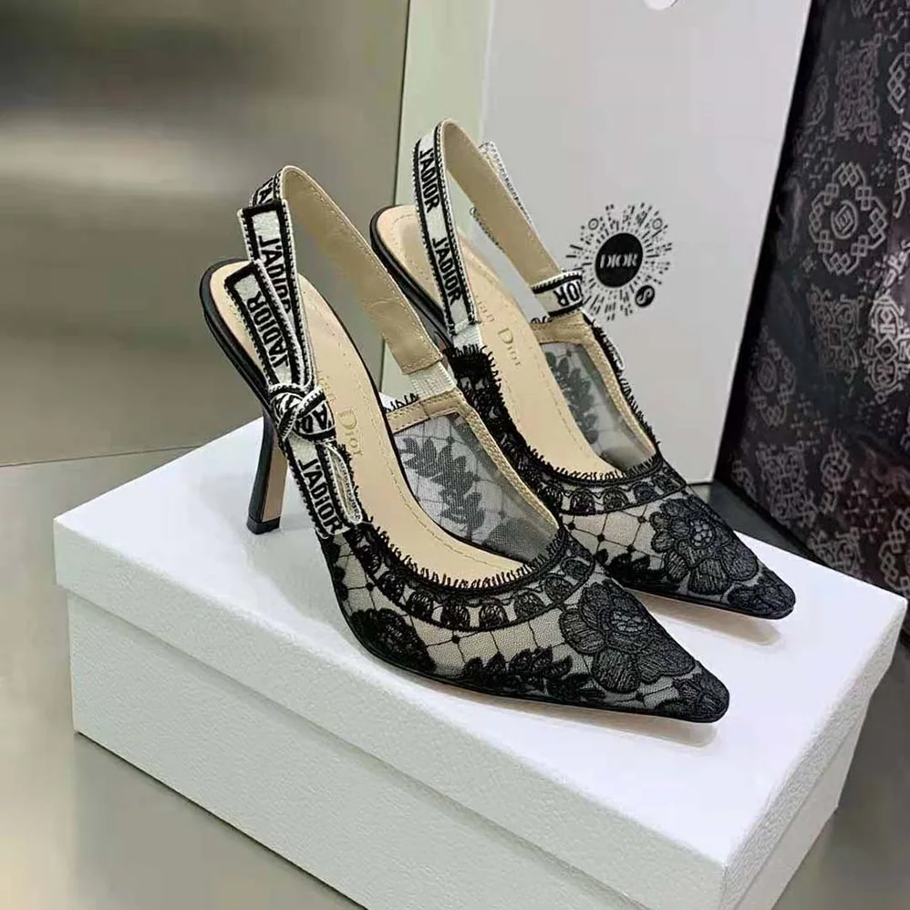 Dior J'Adior Slingback Pump Black Transparent Mesh Embroidered with Dior Roses Motif for Women