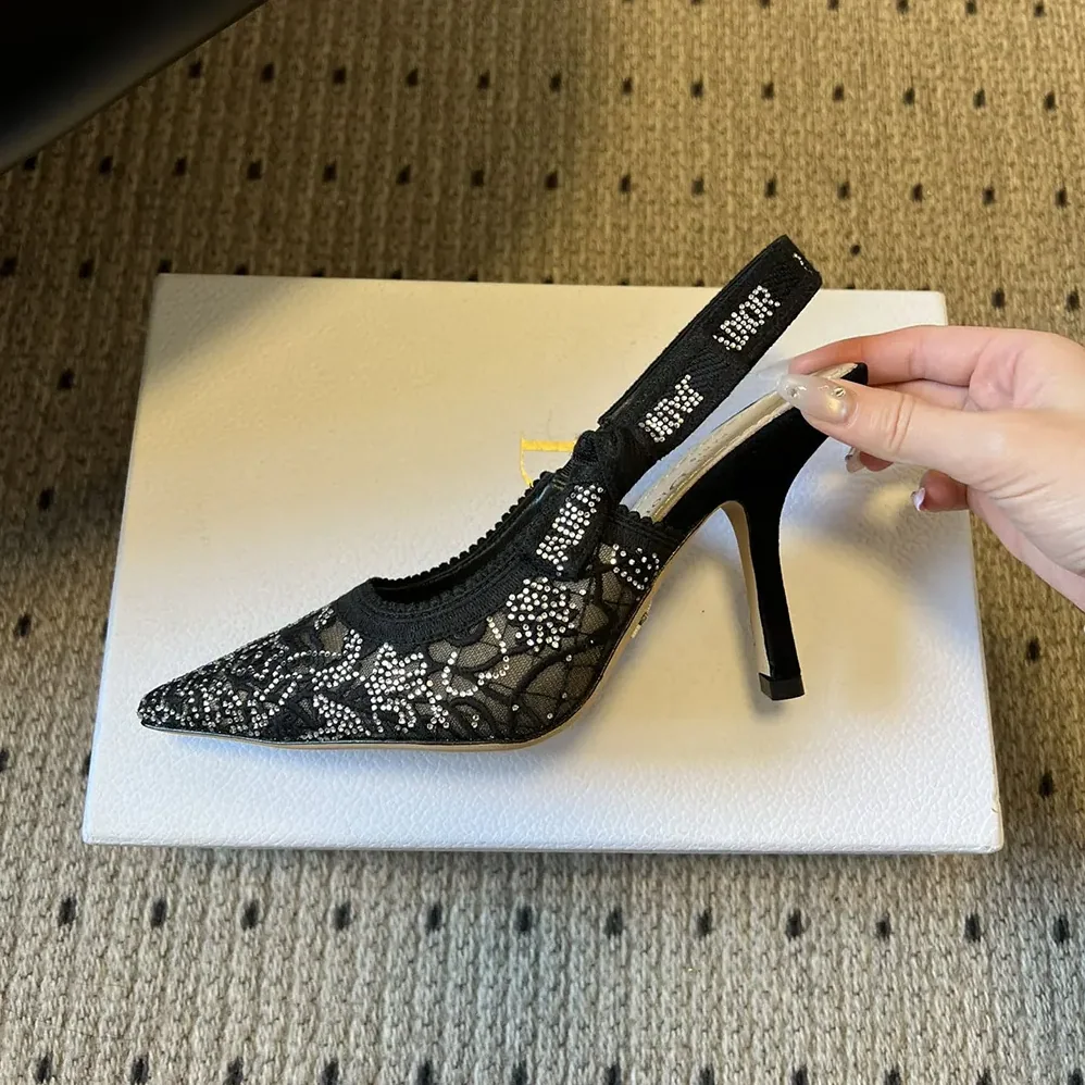 Dior J'Adior Slingback Pump Transparent Mesh Embroidered with Black Millefiori Motif for Women