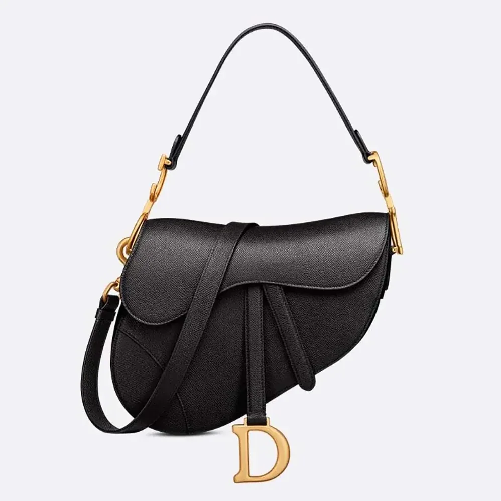 Dior Saddle Bag with Strap Black Grained Calfskin for Women