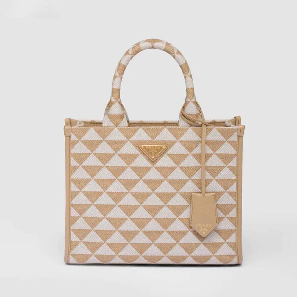 Prada Small Prada Symbole Embroidered Fabric Handbag for Women in Beige