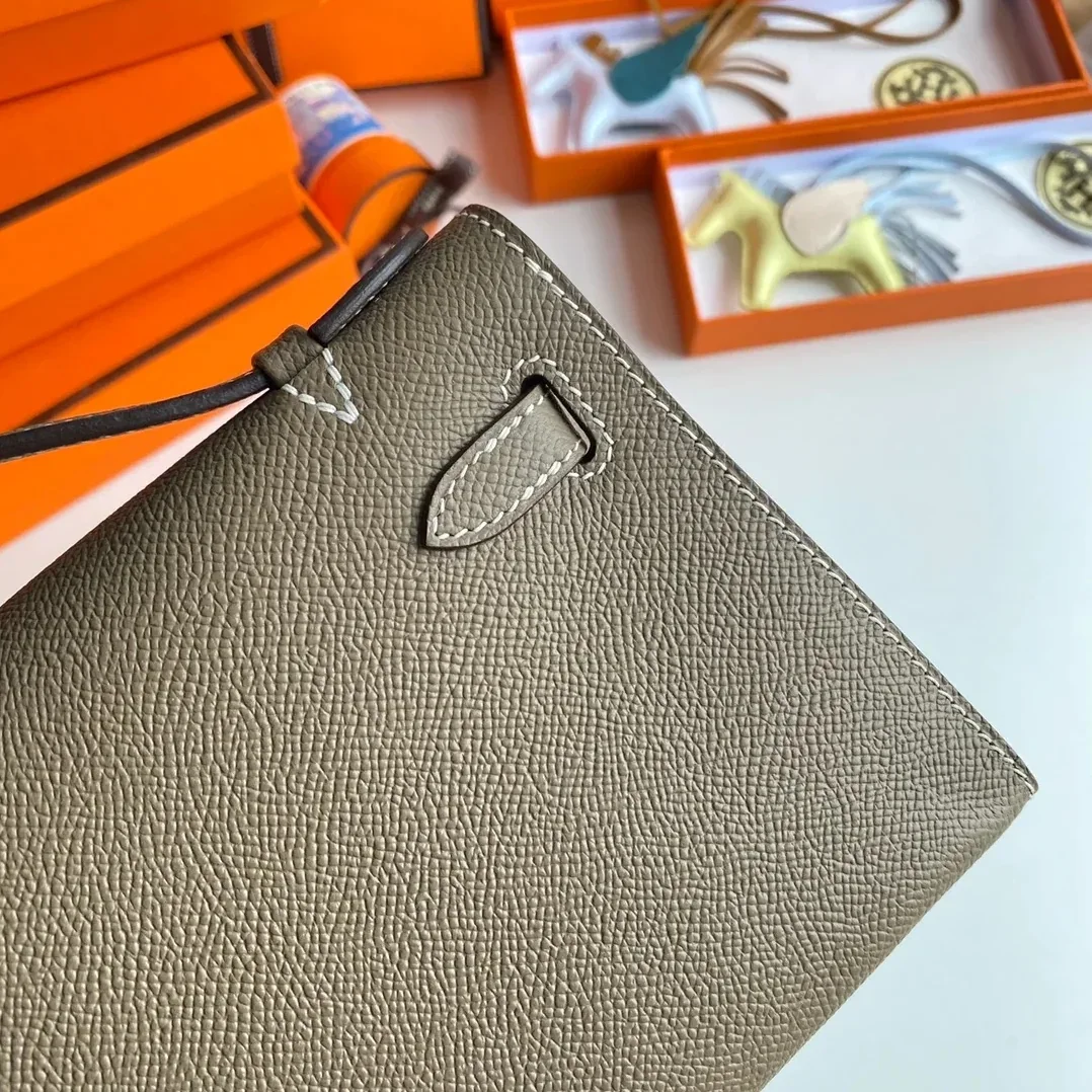 Hermes Kelly Pochette Top Handle Bag in Etoupe Epsom Gold Hardware Hermes Kelly Pochette Top Handle Bag in Etoupe Epsom Gold Hardware