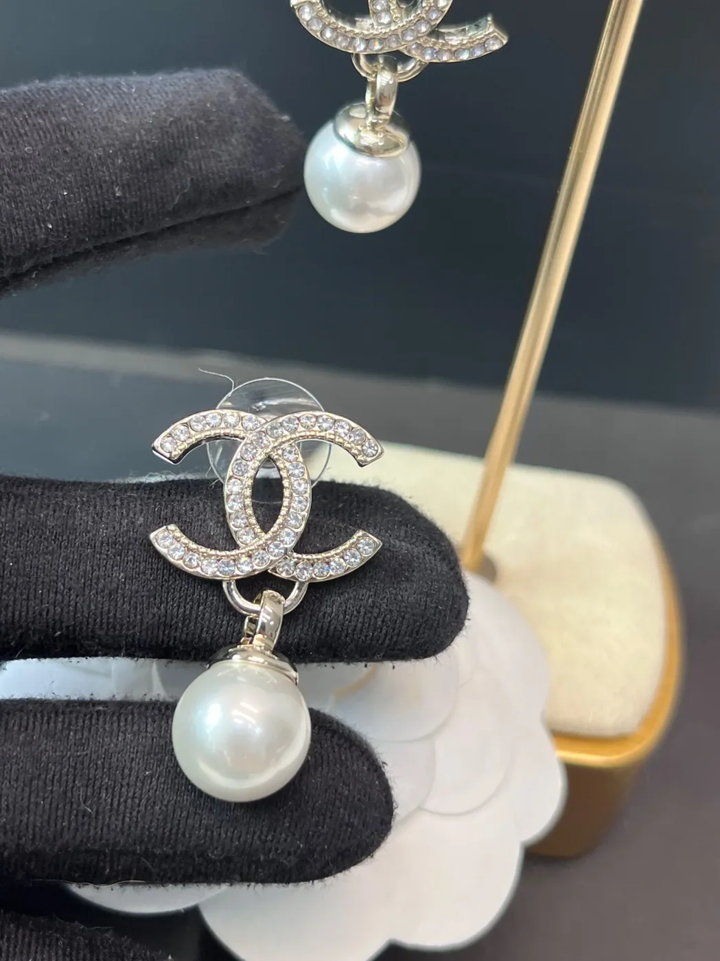 Chanel Shaped Pearl Letter Earrings Light Rose Gold