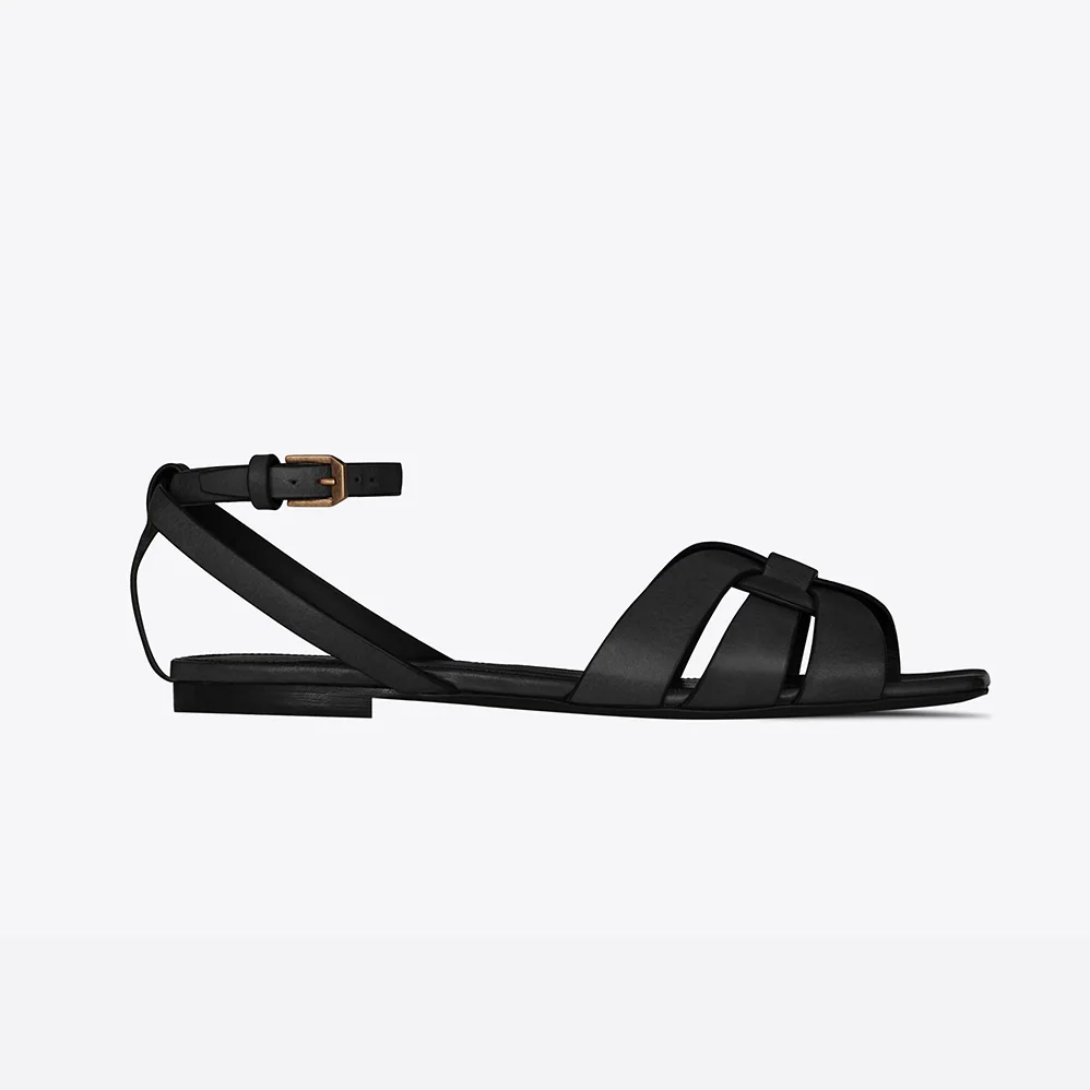 Saint Laurent YSL Tribute Flat Sandals in Smooth Leather for Women Saint Laurent YSL Tribute Flat Sandals in Smooth Leather for Women