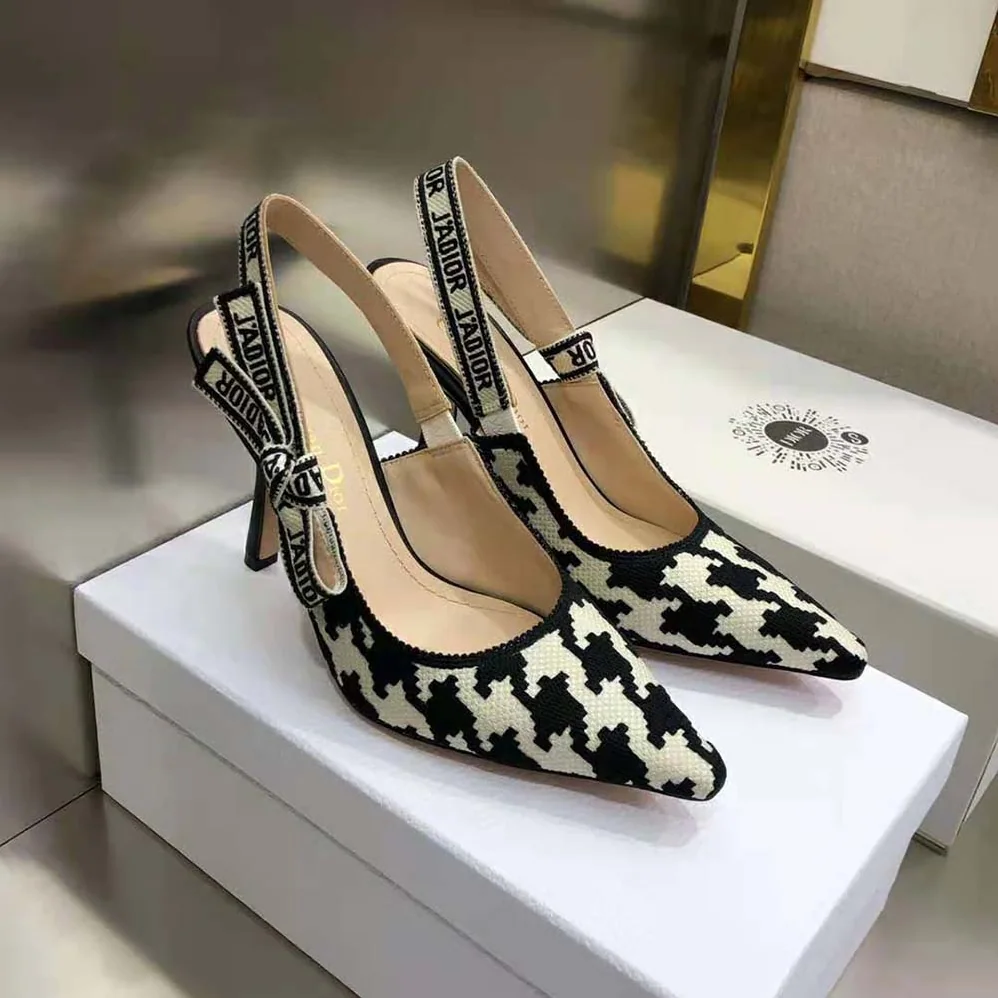 Dior J'Adior Slingback Pump Black and White Cotton Embroidery with Macro Houndstooth Motif for Women Dior J'Adior Slingback Pump Black and White Cotton Embroidery with Macro Houndstooth Motif for Women