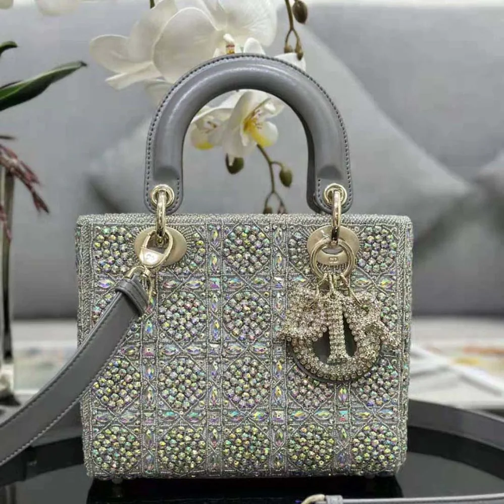 Dior Small Lady Dior Bag Gray Smooth Calfskin and Satin with Bead Embroidery for Women