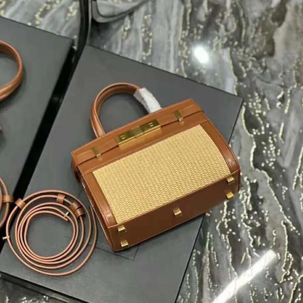Saint Laurent YSL Manhattan Nano Shopping Bag in Raffia and Smooth Leather for Women in Brown Saint Laurent YSL Manhattan Nano Shopping Bag in Raffia and Smooth Leather for Women in Brown